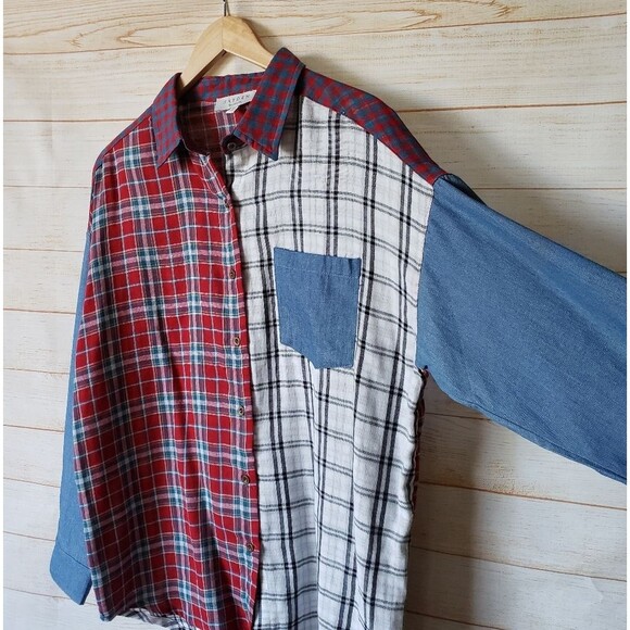 Hayden Plaid Checkered Denim Button Front Shirt Blouse Women's Size S/M - Picture 2 of 7